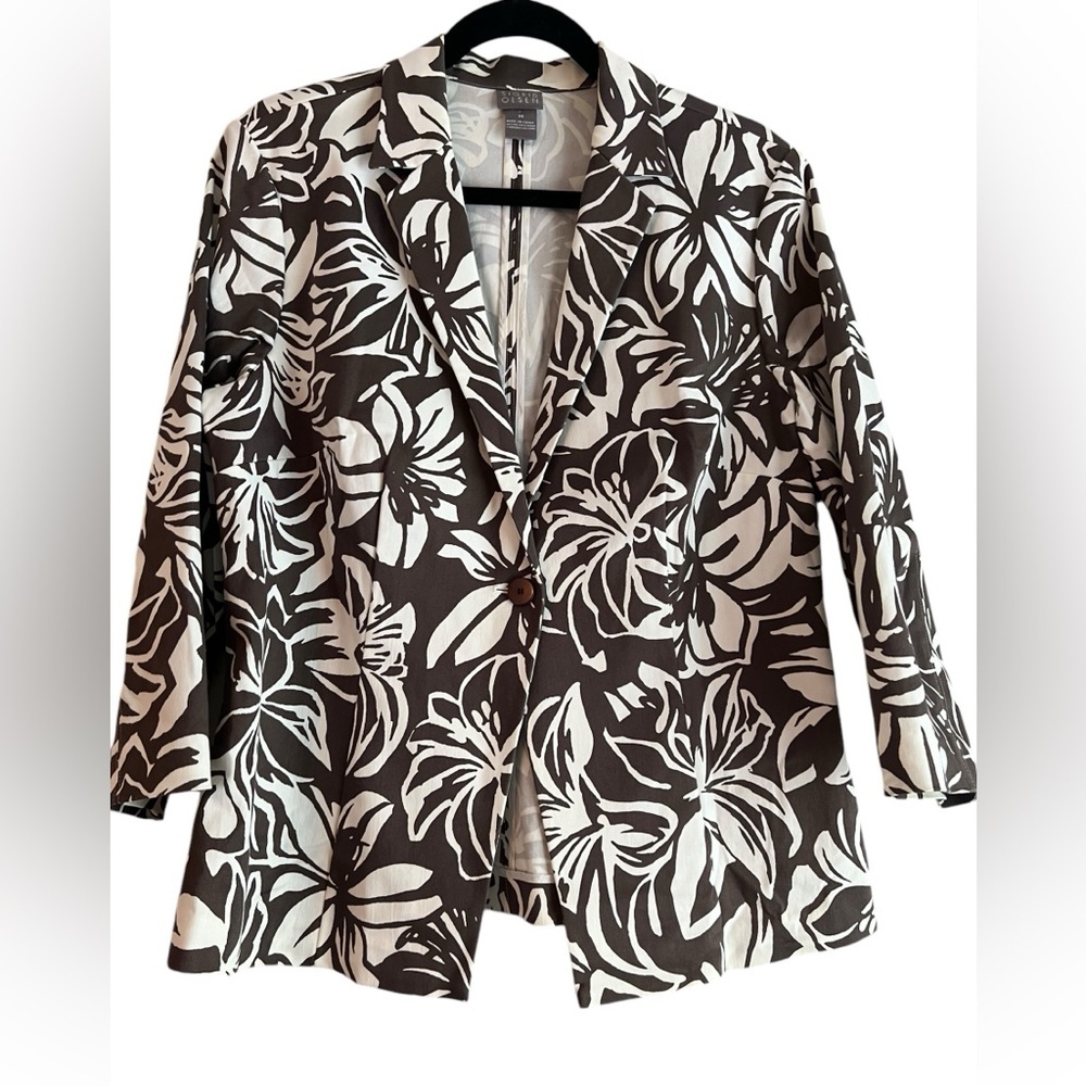 EUG Sigrid Olsen Dark Grey/Brown and White Floral Jacket Size 14